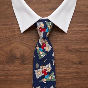 Vintage USA Made Beans McGee Popeye the Sailor Man Tennis Silk Necktie Navy Blue